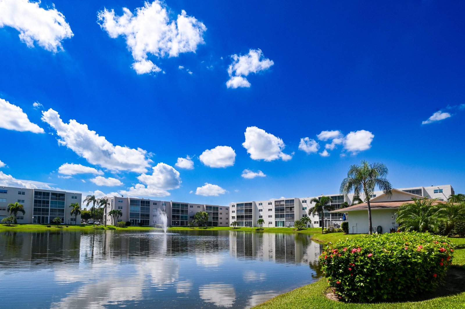Community lake with a fountain and surrounding buildings